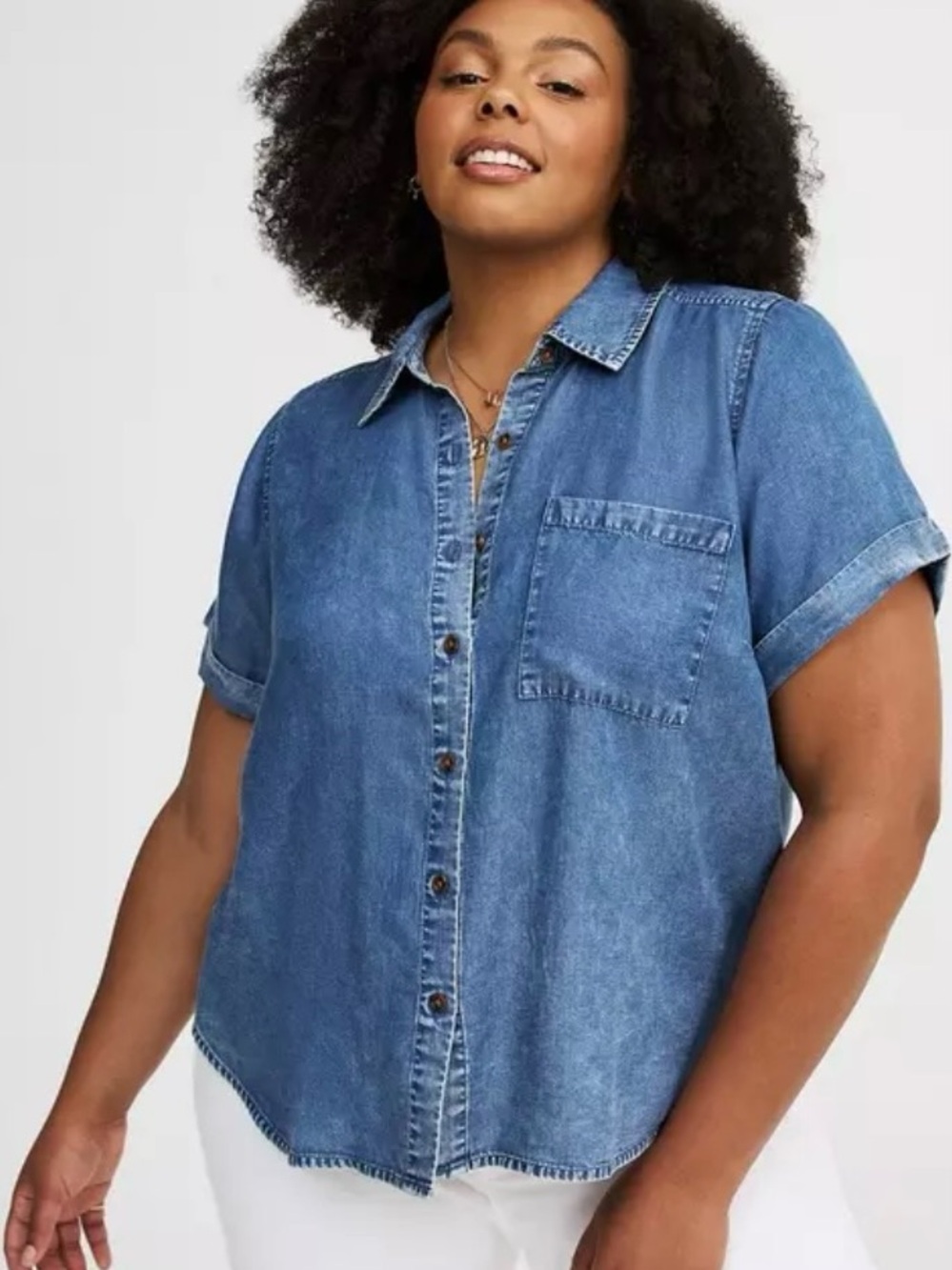 TORRID Women’s Drop Shoulder Chambray Crop Short Sleeve Button Shirt Plus Size 2